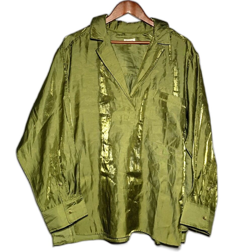 Pilcro Shiny Green Pullover Blouse XL V Neck Collar Popover Boxy Oversized